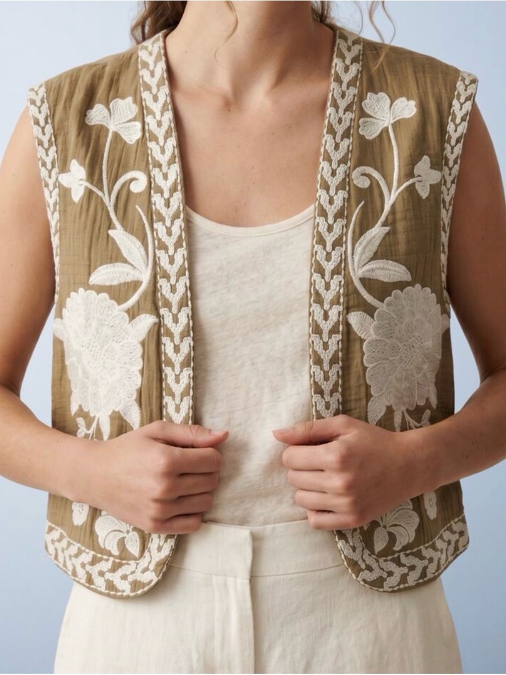 Vintage Zara Olive Sleeveless Embroidered Vest with Cream Accents